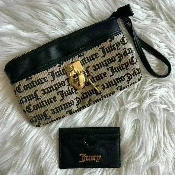 Juicy Couture Wristlet and Cardholder Set | Designer Logo Clutch Bag Gold Charm - Picture 8 of 12